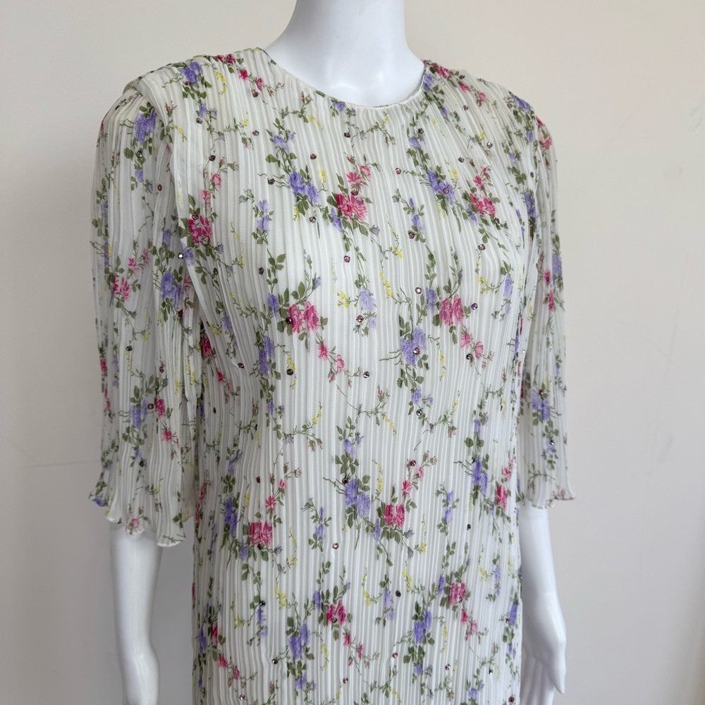 Judy Hornby I.Magnin Silk Floral Pleated Tiered Ruffle Dress 80s Art Deco Sz 14 - Picture 4 of 17